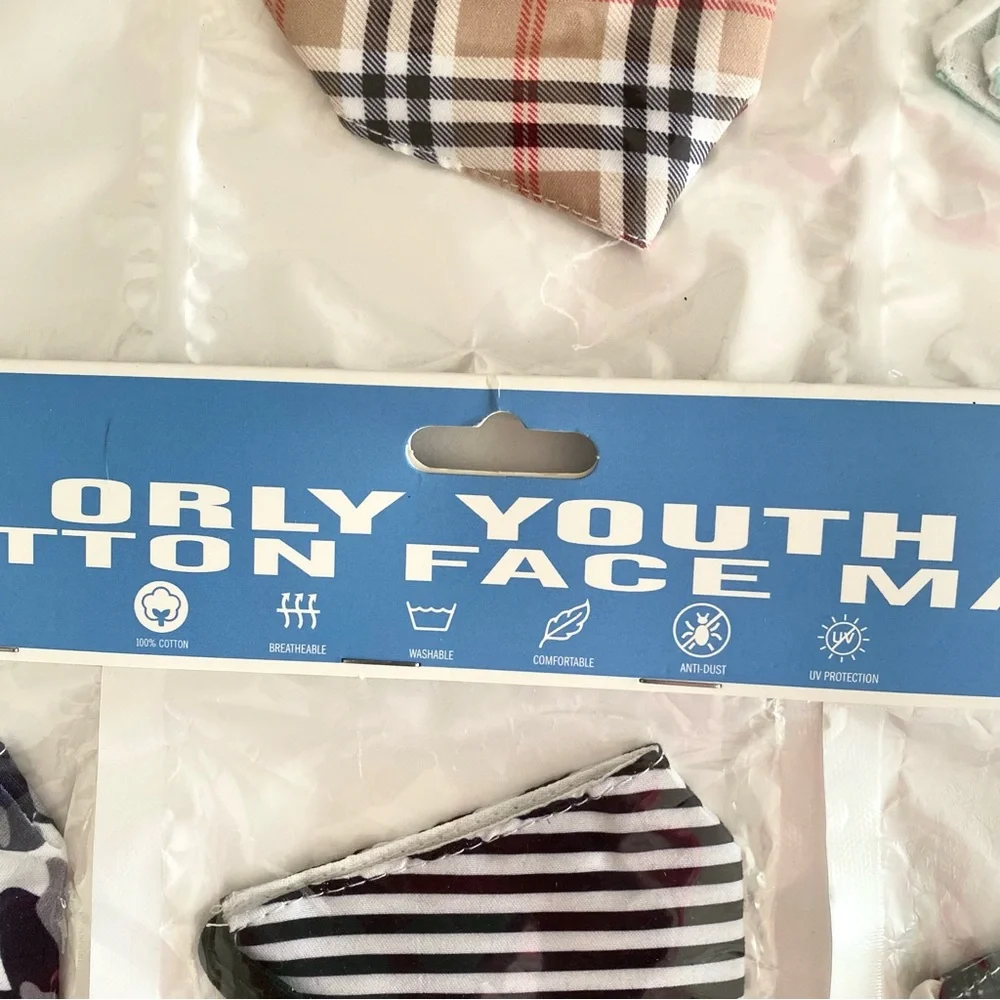 NWT Orly Youth Cotton Face Masks Multicolor Printed 3 Pack + 2 Pack Face Covers